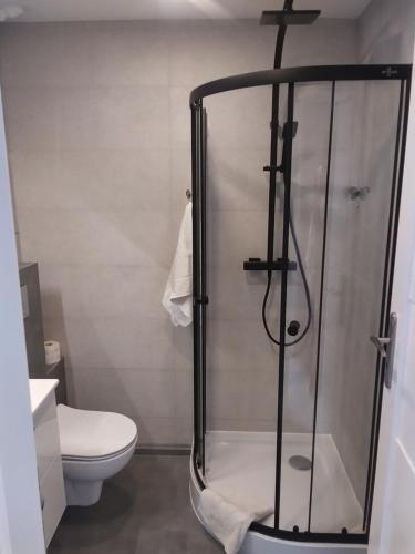 a shower stall in a bathroom with a toilet at Przytulne mieszkanie przy parku Modrzewie in Elblag