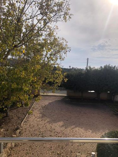 a view of a driveway with trees and a fence at Villa Kiki in Peyia