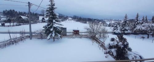 a village covered in snow with a fence and trees at Apartman Vera in Kremna