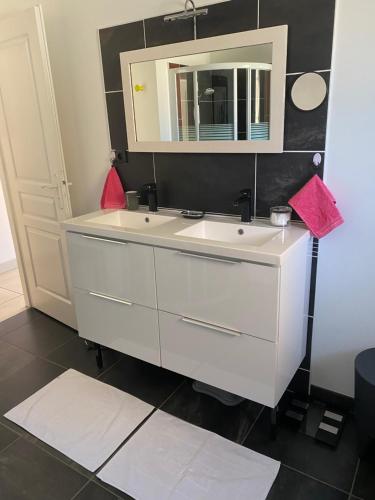 een badkamer met een witte wastafel en een spiegel bij Le Teich Tranquille in Le Teich