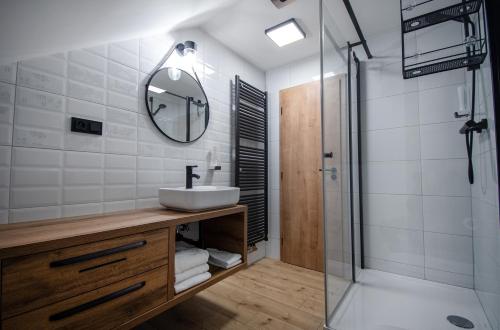 a bathroom with a sink and a shower with a mirror at Vista Apartments in Kutná Hora