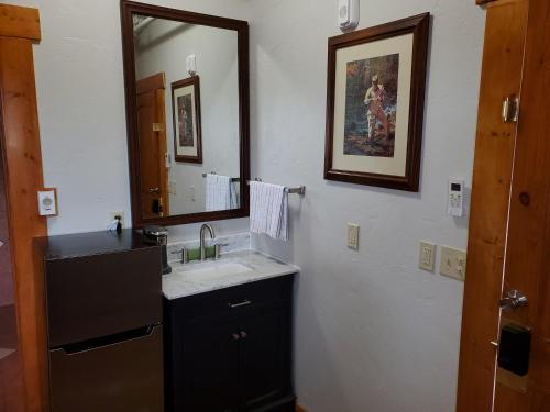 a bathroom with a sink and a mirror at Buffalo Lodge of Bigfork in Bigfork