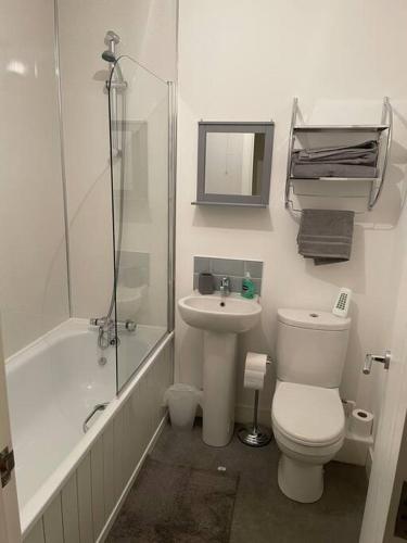 een badkamer met een toilet, een wastafel en een douche bij Old St Johns Church in Dowlais