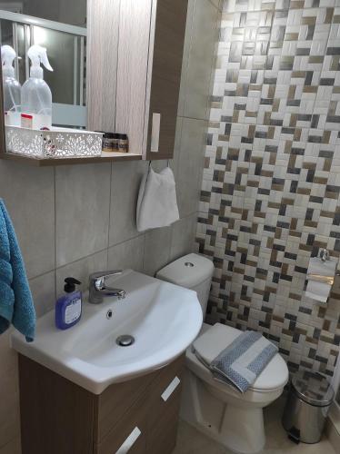 a bathroom with a white sink and a toilet at Aspa's house in Kalabaka