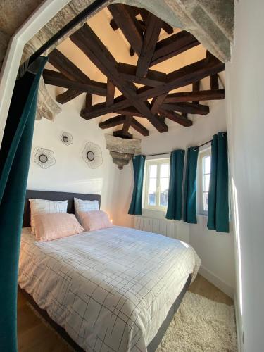 a bedroom with a large bed with blue curtains at Le Donjon : Centre historique in Dijon