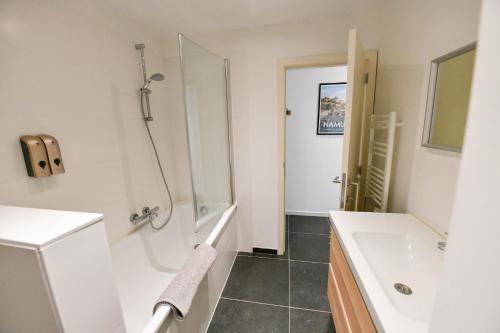 y baño con ducha y lavamanos. en Les Cerisiers - Appartement Cosy au Centre de Namur, en Namur