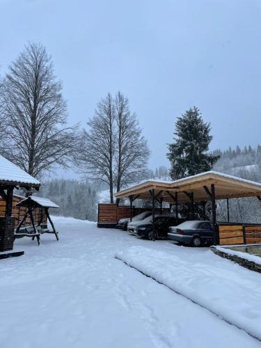 a snow covered parking lot with cars parked in it at Тіні Предків in Plav'ya