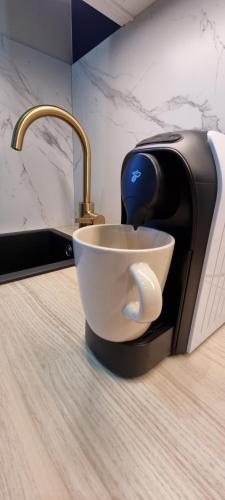 a sink with a cup in the middle of it at Apartamenty Pastelowe, Suntago, Deepspot, Mszczonów in Mszczonów