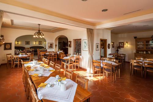 Hotel Pfaffenhofen في Schwabenheim: غرفة طعام مع طاولات وكراسي خشبية