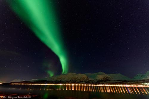 an aurora in the sky over a body of water at Aurora Dream in Svensby