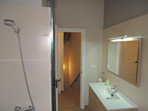 a bathroom with a sink and a shower with a mirror at Casa Rural Sardas - Sabiñanigo in Sabiñánigo