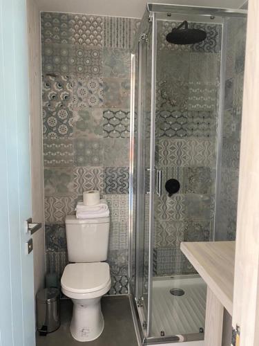 a bathroom with a toilet and a shower at Ventana Al Mar in Pichilemu