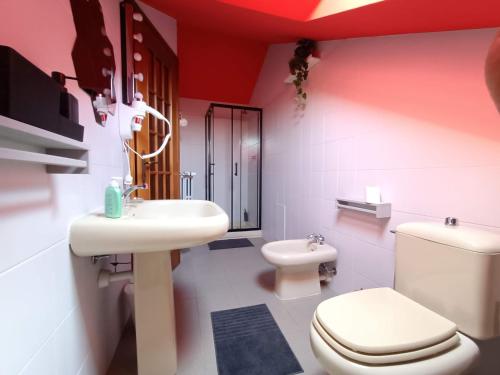 a bathroom with a white toilet and a sink at MarMolí in Villanova dʼAsti