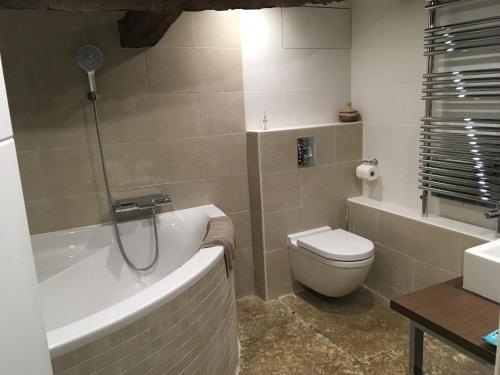 a bathroom with a tub and a toilet and a sink at Domaine de Fangal, Pgeonnier 2p, maison 8p - piscine 25m - gîtes climatisés in Septfonds
