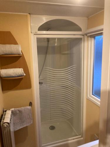 a shower with a glass door in a bathroom at Mobil-Home 2 "Camping" in Pesmes