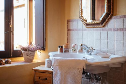 a bathroom with a sink and a mirror and a window at Convento San Bartolomeo in Abbadia San Salvatore