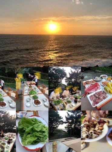 a collage of photos of a table with food and the ocean at 遙かな亭 in Numazu