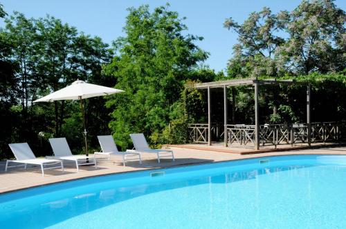 einen Pool mit Liegestühlen und einem Sonnenschirm in der Unterkunft Agriturismo Naioli in Pitigliano