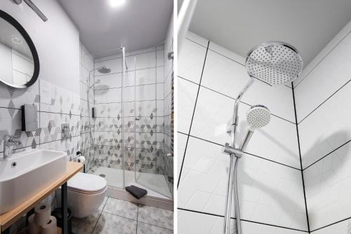 a bathroom with a shower and a sink at Lielkalnu Muiža in Blome
