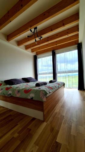 a bedroom with a bed in a room with windows at Hakuna Matata in Nová Lesná