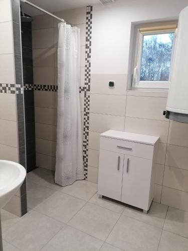a bathroom with a shower curtain and a sink at Łabudówka in Polańczyk