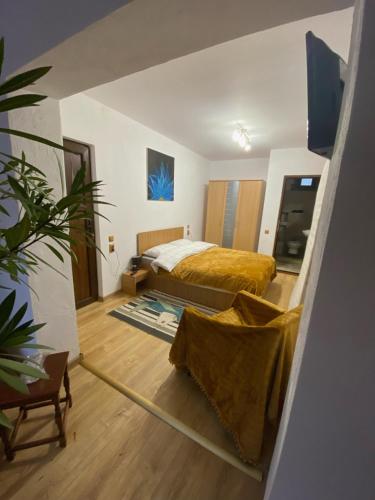 ein Schlafzimmer mit einem Bett in einem Zimmer in der Unterkunft Casa Felice in Braşov