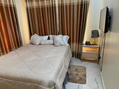 - une chambre avec un grand lit et une télévision dans l'établissement Jaffa Suites, à Kampala