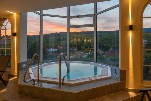 a jacuzzi tub in a room with a large window at Château d'Isenbourg & SPA in Rouffach