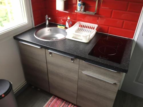 une cuisine avec un évier et un plan de travail dans l'établissement Studio fonctionnel 10min centre, 300m quai de seine WIFI, à Rouen