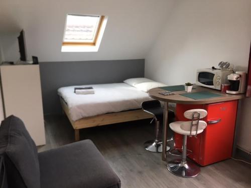 Cette petite chambre comprend un lit et une table avec un four micro-ondes. dans l'établissement Studio fonctionnel 10min centre, 300m quai de seine WIFI, à Rouen