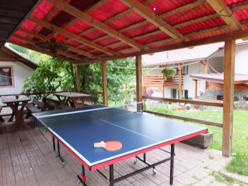 a ping pong table sitting under a pavilion at Pensiunea Piatra Mandrutului in Scărişoara