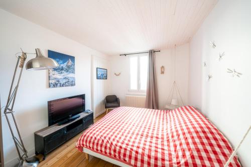 une chambre avec un lit et une télévision dans l'établissement Les Échoppes, à Annecy
