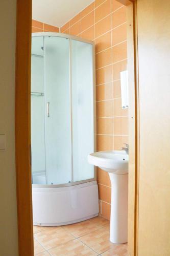 a bathroom with a shower and a sink at TORINO lounge in Marijampolė