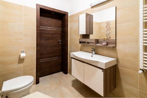 a bathroom with a toilet and a sink and a mirror at Exkluzív Apartman Debrecen in Debrecen