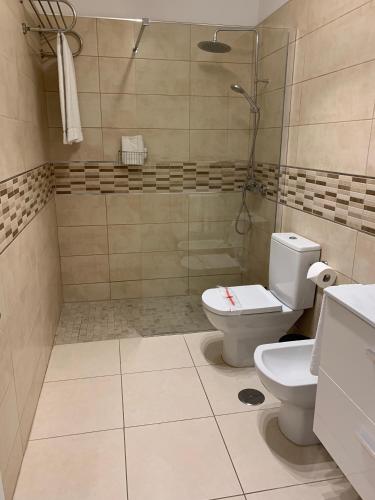 a bathroom with a toilet and a shower at Club Olympus in Garden City in Playa de las Americas
