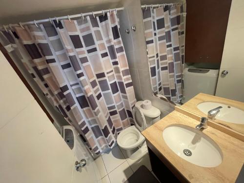 a bathroom with a sink and a toilet and a shower at Departamento a pasos de Mall Plaza in Antofagasta