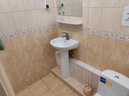 a bathroom with a sink and a toilet at Готель-Маєток in Luts'k