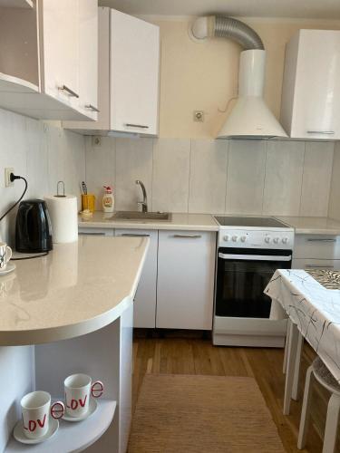 uma cozinha com armários brancos e uma bancada em Helge Guest Apartment em Valga