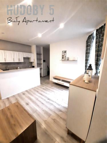 a kitchen and living room with a hard wood floor at Apartament Biały CHUDOBY 5 Gliwice in Gliwice