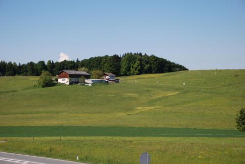 a large green field with a house on a hill at Landhaus Brieger in Henndorf am Wallersee
