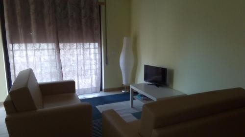 a living room with a couch and a television at Alto dos Navegantes in Armação de Pêra