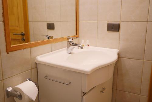 a bathroom with a white sink and a mirror at Hotel Posada del Río - Chile Chico in Chile Chico