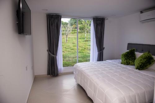 ein Schlafzimmer mit einem Bett und einem großen Fenster in der Unterkunft Hotel Santa Lucia in Socorro