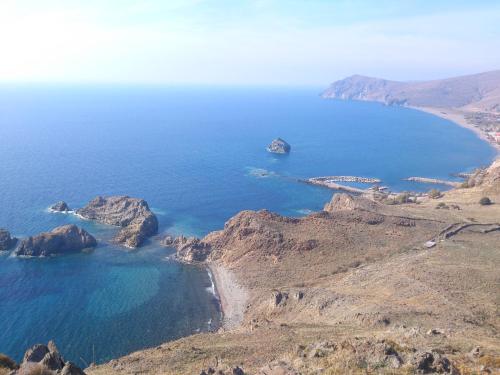 an aerial view of a beach in the ocean at Krinelos Rooms in Skala Eresou