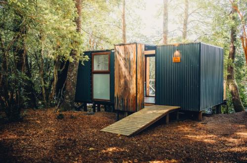 a tiny house in the woods with a wooden ramp at OUTSCAPE l Refugios Puerto Fuy, Huilo Huilo in Puerto Fuy