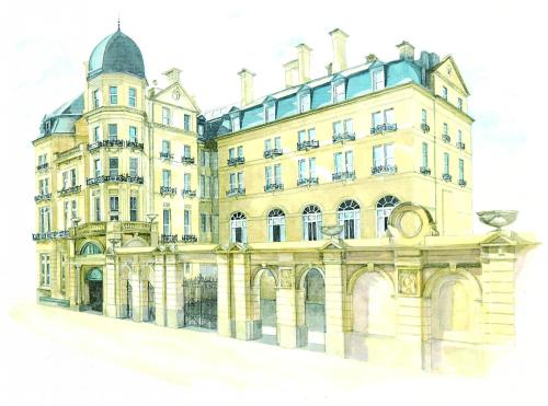 a watercolor sketch of a building at The Midland Hotel in Bradford