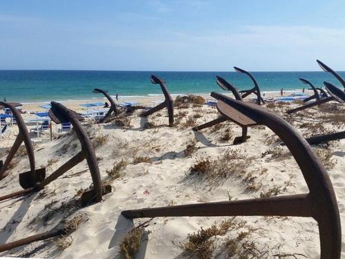 a beach with a bunch of objects in the sand at Taah Billa Guest House in Tavira