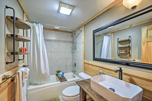 a bathroom with a sink and a toilet and a mirror at Creekside Bryson City Cabin with Private Hot Tub in Bryson City