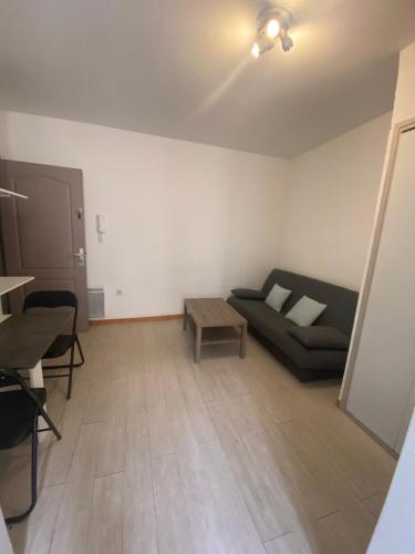 ein Wohnzimmer mit einem Sofa und einem Tisch in der Unterkunft Arcole 2-Studio Beziers Centre -Wifi - Tv connectée in Béziers