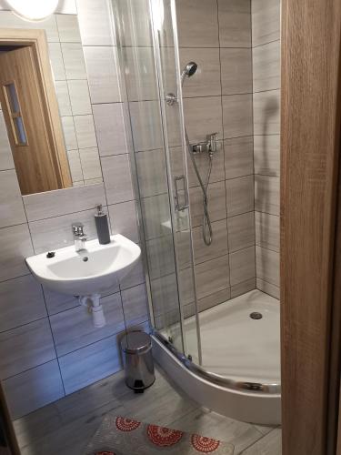 a bathroom with a shower and a sink at Pokoje gościnne Pod Limbami in Male Ciche